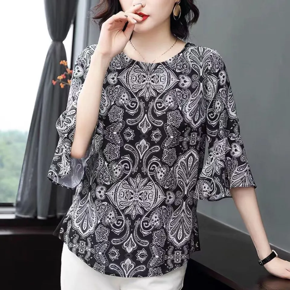 INWPLLR New Arrival Printed Blouse Women Fashionable Flare Sleeve Shirts  Newest Summer Chiffon Blouses Casual Big Size Tops M-5XL
