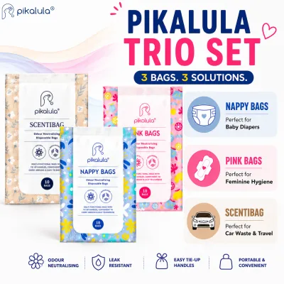 Pikalula Trio Scent Disposable Bags 30pcs Odour Neutralising | Disposable Diaper Nappy Bags Sanitary Pad Waste Scented Garbage Rubbish Trash Plastic Scented for Baby Diaper