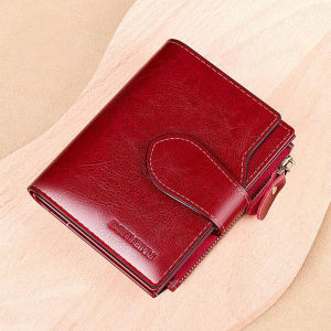 MISTLETOE RFID Protection Women Small Purse Original Genuine Cowhide Leather Coin Wallet with Zipper Red Black Color