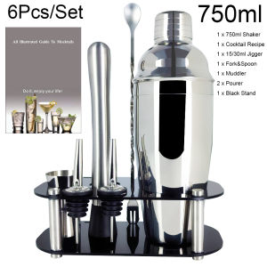 6Pcs/Set 750/600ml(25/20oz) Boston Cocktail Shakers with Black Stand Cocktail Recipe Bartender Kit Bartending Boston Bar Shakers