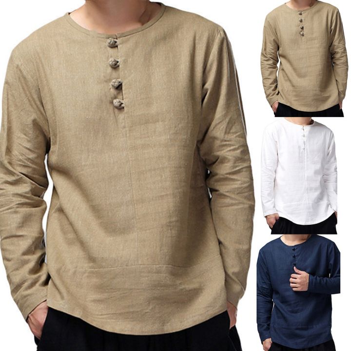 Men Shirt Solid Color Chinese Style Long Sleeve Simple Spring Shirt For