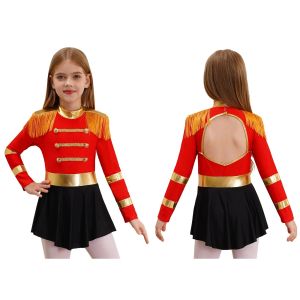 Kids Girls Circus Ringmaster Costume Long Sleeve Keyhole Back Fringe Epaulet Leotard Bodysuit Lion Tamer Showman for Carnival2026