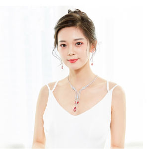 SEQUITO Exclusive Design Bridal Ruby Jewellery with Red Teardrop Stone Wedding Women CZ Long Tassel Choker Necklace Earrings Set Dress Accessories SJ072
