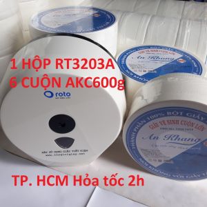 Combo 1 hộp đựng giấy vệ sinh cuộn lớn RT3203A màu trắng và 6 cuộn giấy lớn 2 lớp 600gr AKC600
