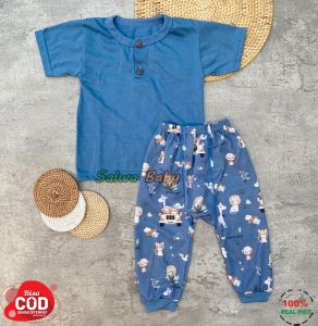 Salwa Baby - Setelan Baju Bayi Setelan Wangki Lengan Pendek Celana Diapers Panjang Kancing Depan Motif Printing Mobil Animal Usia 3-12 Bulan