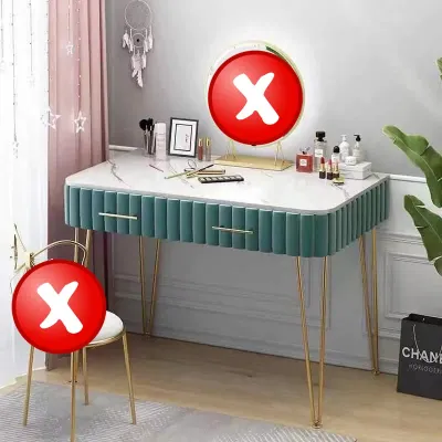 Wfurniture Velvet Dressing Table Set Meja Solek Make Up Table Led Light Mirror Ribbon Chair