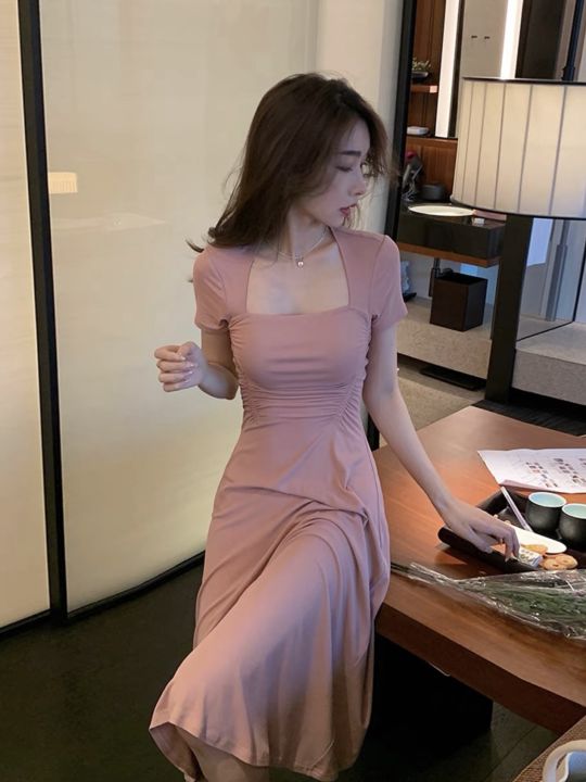 A3062 Melody Fashion Irregular Square Neck Elastic Line Solid Dress