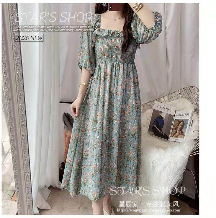 women female vintage korean dress dresses square collar puff short ...