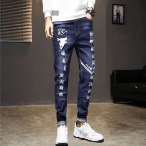Naimo Jeans Mens New Elastic Korean Version of Student Printing Hole Trend Youth Slim-fit Pencil-length Trousers