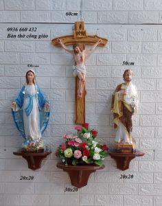 BỘ BÀN THỜ CÔNG GIÁO KỆ GỖ NÂU 3 KỆ RỜI TƯỢNG ĐỨC MẸ THÁNH GIUSE CAO 50CM VÀ THÁNH GIÁ CHÚA CHỊU NẠN 66CM