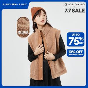 GIORDANO Women Jackets Chunky Teddy Fleece Collage Warm Vests Zip Front Stand Collar Simple Fluffy Fashion Casual Vests 05373858