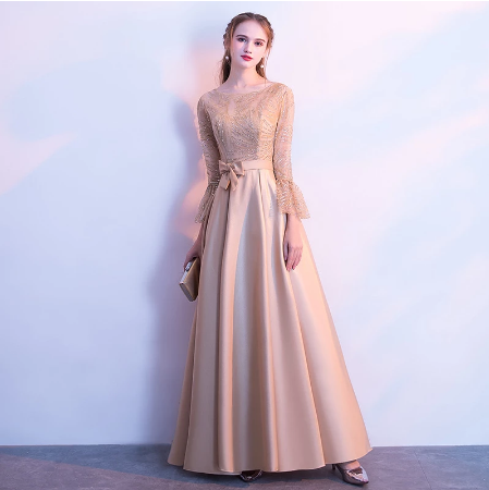 Gaun Weeding Women's long formal prom evening dress Plus size O neck long  sleeve lace satin gold wedding party dress Bespoke Occasion Dress | Lazada  Indonesia
