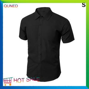 QUNED Men Black Long Sleeved Short Sleeved Shirt Pure Colour Buttons High Collar Shirt Basic Section
