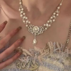 XINSU38 Beads Pearl Rhinestone Necklace Luxury Sparkling Pearl Collarbone Chain Fashion Elegant Double Layer Necklace Women