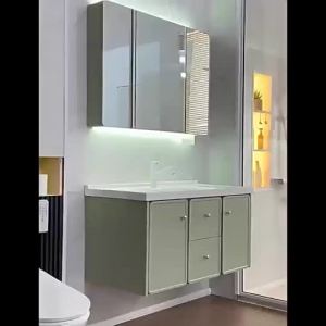 Washbasin set with ceramic sink cream-colored mirror cabinet combination oak integrated bathroom washstand