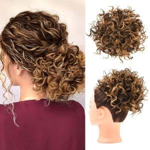 HOOJIH Messy Hair Bun Hair Piece Elastic Drawstring Loose Wave Large Curly Bun Short Synthetic Ponytail Extension for Women Daily Use - Black Brown