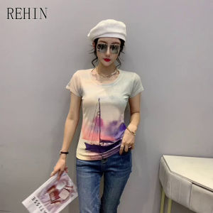 REHIN ซอฟต์ซี้เสื้อผู้หญิงแขนสั้นพิมพ์ลาย เสื้อผู้หญิง ผ้าฝ้าย ยืดผ้า ถึงก้น ขนาด S-3XL