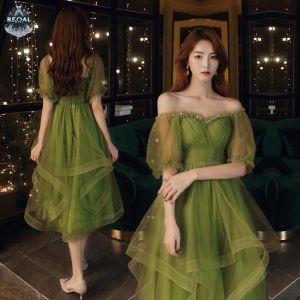 【Free Returns】 Recoal Elegant Green Banquet Evening Dress Fairy Temperament Off Shoulder Birthday Princess Dresses Annual Dinner Party Gown