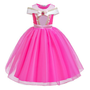 Little Girls Cosplay Dress Princess Aurora Costume Sleeveless Off Shoulder Sleeping Beauty Halloween Christmas Party Dress Up Children Birthday Clothes Magic Stick Crown