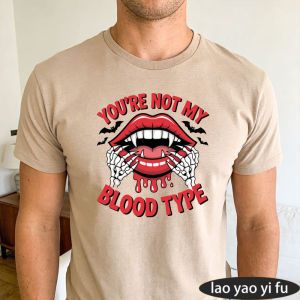 [Local Stock] HBESTY  Youre Not My Blood Type Vampire Lips Skeleton Hands Bat Graphic Men Summer Cotton T Shirt Halloween Horror Funny Short Sleeve