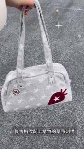 South Korea AEAE Strawberry-themed bag a niche retro shoulder bag gray star-patterned tote bag export-quality bag