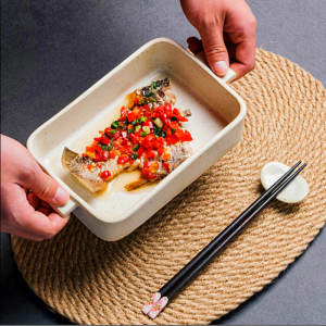 OMK Japanese Style Handmade Rough Pottery Rectangular Baking Dish Double Ear Salad Bowl Baking Trays & Pans 900ML Baking Plate