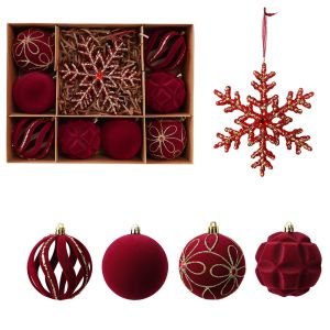 RUCHO 10Pcs Glitter Velvet Christmas Ball Set Snowflake Plastic Flocked Ball Gift Box Atmosphere Decor Vintage Christmas Tree Decor Balls Living Room