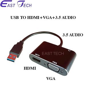EAST TECH USB to HDMI + VGA + 3.5 Audio Adapter with HDMI VGA and 3.5 Audio ports for video and audio output.