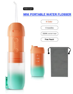 200ML 4 TIPS 3 Modes Portable Oral Irrigator Mini Cordless Water Dental Flosser Teeth Cleaner for Braces Rechargeable Waterproof Dental Pick Flosser Telescopic Water Tank for Travel Home (Free Pouch)
