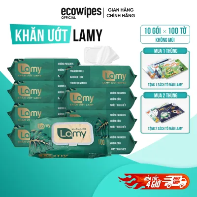 GIAO NHANH 2H_Thùng 10 gói khăn ướt LAMY 100 tờ không chất tẩy trắng không cồn không paraben khăn lau siêu tiết kiệm cho mẹ bé