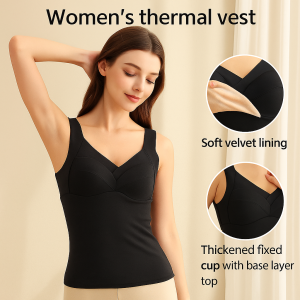 Thermal Vest Undershirt With Built-in Bra Velvet Thickened Inner Layer Fixed Chest Pad Womens Fleece Bottoming Shirt