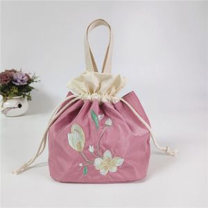 REEBO Satin Silk Embroidery Flower Handbag Ruffle Mommy Bag Hanfu Drawstrings Bag Elegant Lunch Bag Floral Bucket Bag Outdoor