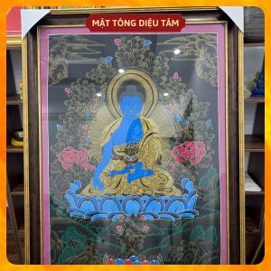Tranh Thangka Dược sư Thủ Công Nepal Tranh Phật Dược Sư Xanh Dương handmade 92cm Biểu Tượng Chữa Lành Mật tông Diệu Tâm