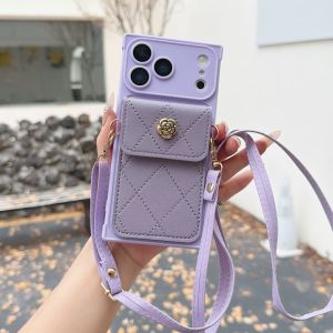 Flower Card Holder Phone Case For iPhone 18 Pro Max 17 16 15 14 PU Leather Wallet Cover With Crossbody Lanyard Shockproof Protective Casing