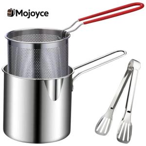 Tempura Small Deep Frying Pan with Strainer & Food Tongs Stainless Steel Milk Warmer Pot Portable Cooking Pot Chicken Fried Cooking Tools