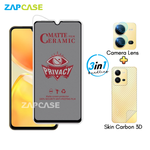 Paket 3in1 Anti Gores Layar Privasi Vivo V25 V25E Free Tempered Glass Camera dan Skin Carbon