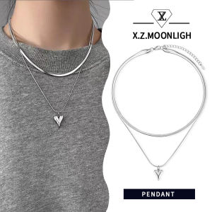 【X.Z.MOONLIGH】Titanium Steel Double Layer Love Stacking Necklace Womens Simple Silver Jewelry 24k Stainless Steel Necklace