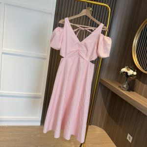 D11823 Cut Shoulder Waist Cut Emboss Dress