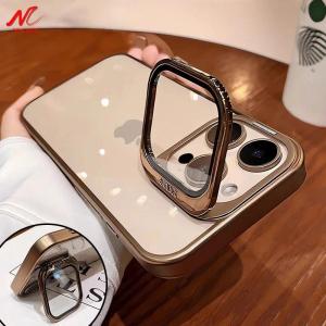 Luxury Flip Camera Bracket Case for iPhone 16 15 13 12 14 Pro Max 15 Plus Transpatent Electroplate Hard PC Shockproof Cover