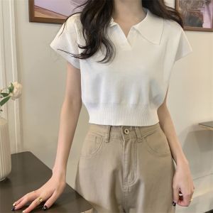 Core 【High Quality】 Korean Navel top Collar Tops Short Sleeves Polo Crop Top Retro Lapel Knitted Tops