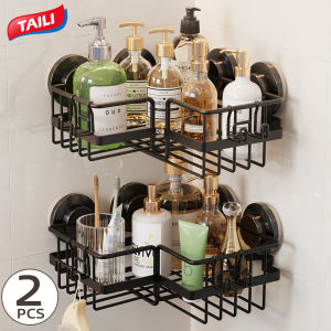 TAILI Corner Shower Caddy Suction Cup Shower Shelf NO Drilling Shower Corner Basket Suction Heavy Duty for Bathroom & Kitchen Corner Shower Rack-Black in Metal