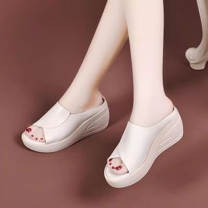 [Free Shipping] Soft Leather Wedge Sandals For Women Platform Thick-Soled 2026 New Summer Fashion High-Heeled Slip-On Sandals For Outdoor Wear