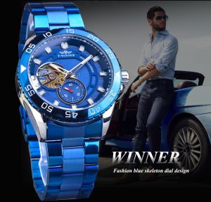 New WINNER golden half skeleton Relogio steel mens business fashion mechanical watch luxury top brand automatic mechanical small clock. Gifts for men