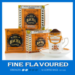 Bacha Coffee | Caramelo Morning Fine Flavoured 100% Arabica Beans Medium Roast x12 Individually Wrapped Single Serve Filter Bags