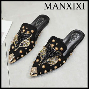 MANXIXI Brand Korean Version Flat Slippers Fashion Mules Shoes Beautiful Fox Pearl Inlay Sandals For Women (35-39 Size)