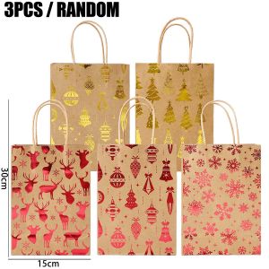 1/10pcs Giáng sinh vàng-lá Kraft Túi Tote Đeo Vai Dự Tiệc Túi nai sừng tấm Chuông bông tuyết cây giáng sinh bao bì túi xách cho kỳ nghỉ Quà tặng Cung cấp