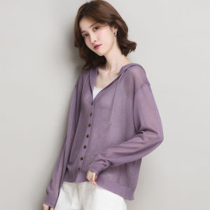 New Women s Thin Cutout Sun Protection Knitted Cardigan Loose Plus Size Hooded Top Ice Silk Sweater
