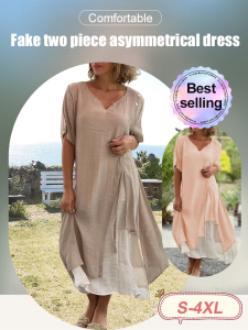 Short-sleeved faux two-piece asymmetrical dress Fashion dress Retro style dress