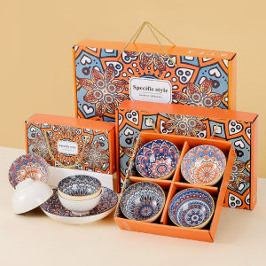 2/4PCS SET-Bohemian Style Rice Bowl Ceramic Handicraft Bowl Set Plate Gift Souvenir Kitchen Plate