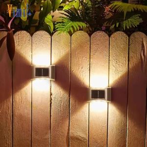 Vimite Lampu 6 Led Solar Wall Light Outdoor Waterproof Automatic Sensor Up and Down Lighting Garden Light Stainless Steel Fence Lamp for House Yard Street Stairs Step Patio Gate Decoration Warm White